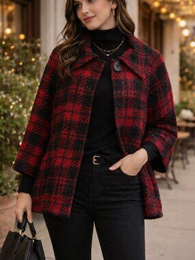 Vintage 80's Red & Black Plaid Metallic Textured Jacket | Size Small